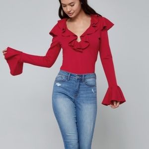 Bebe Red Top Blouse Ruffle Tiered V-neck XS NWT